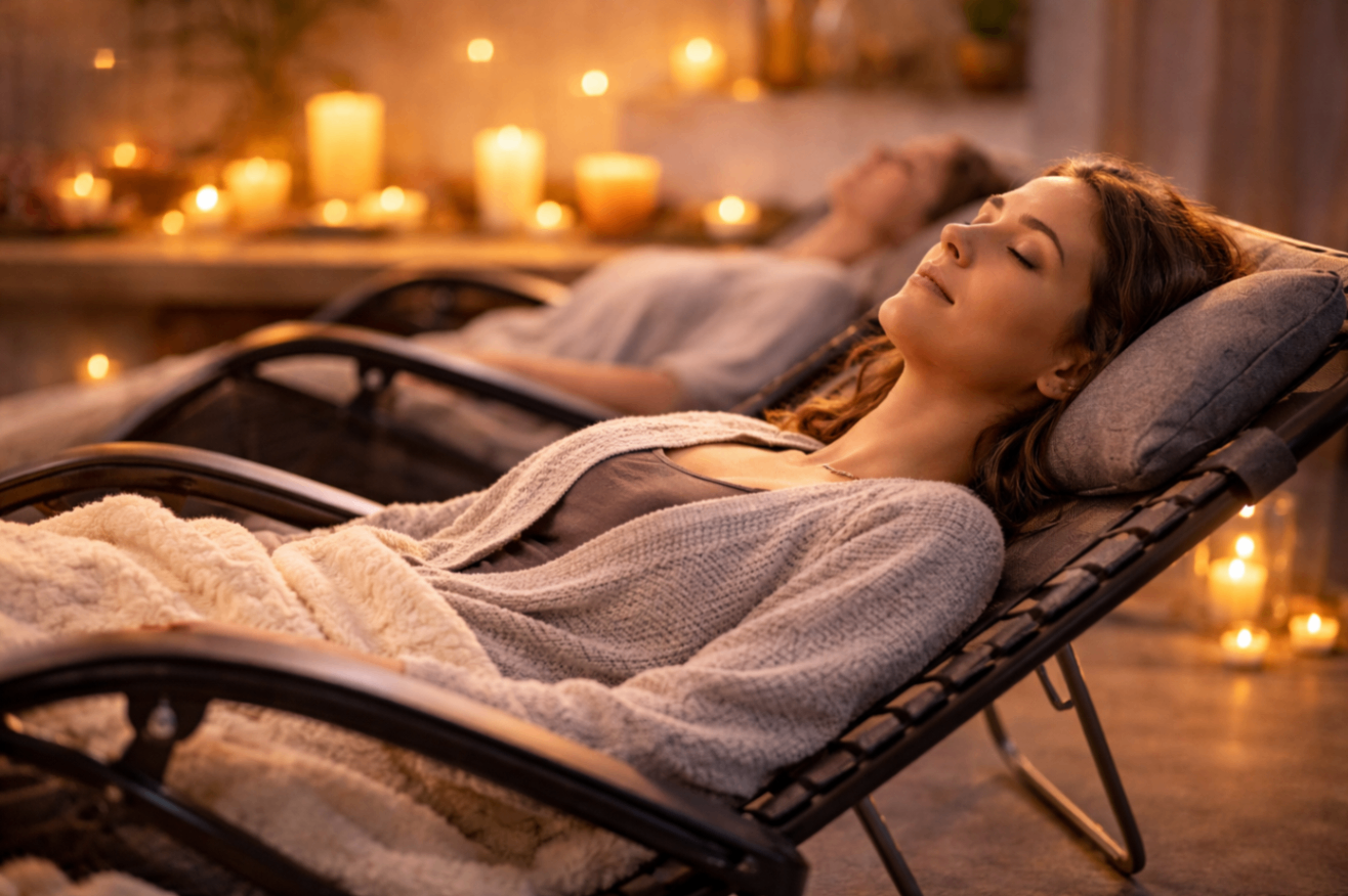 Two women resting peacefully in candlelight during sound and Reiki healing session